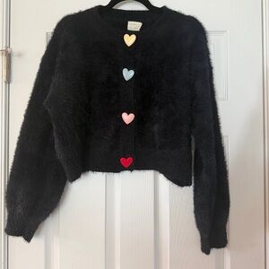 Cozy Black Cardigan with Colorful Heart Buttons